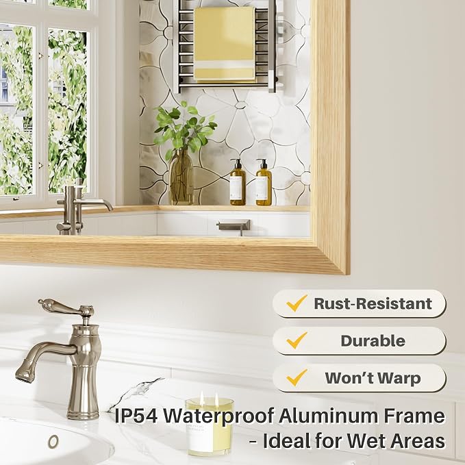 36x36 Inch Bathroom Mirror for Wall, Anti-Rust Oak Wood Grain Metal Framed - Image 4