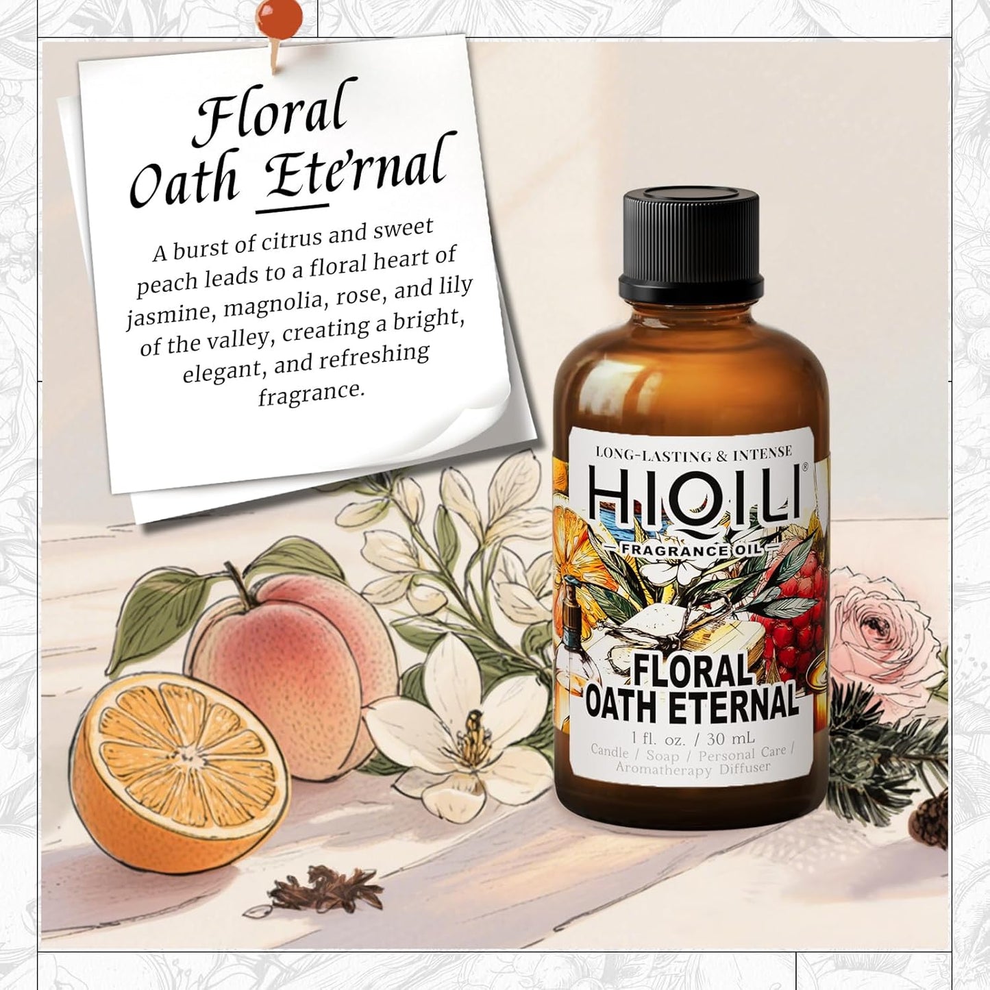 HIQILI Floral Oath Eternal Fragrance Oil, Jasmine & Peach Scents, Perfect for Soap & Candle Making, Essential Oil Diffusers, Skin and Body Scenting - 1 Fl Oz