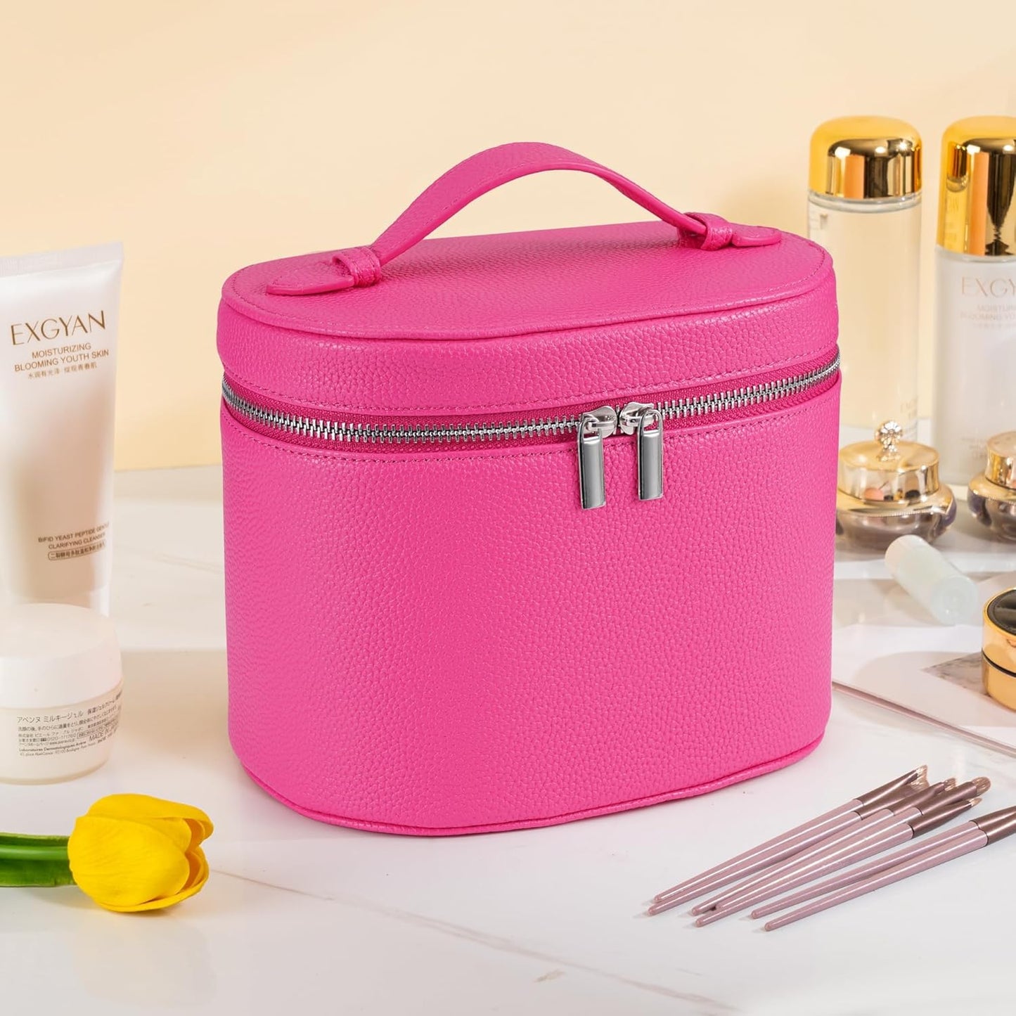 Makeup Bag Vanity Case Cosmetic Bag with Removable Divider Travel Toiletry Bag for Women Portable Make up Box Organizer, Rose