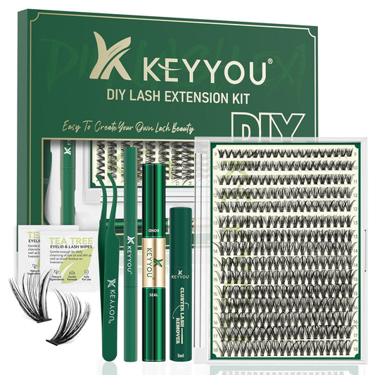 KEYYOU Lash Extension Kit DIY 300Pcs Lash Clusters Eyelash Extension Kit 40D 0.07 D Curl 9-18MIX Lash Clusters Kit with Lash Glue Remover Applicator Easy to Use for Beginners(Kit,40D-D,9-18MIX)