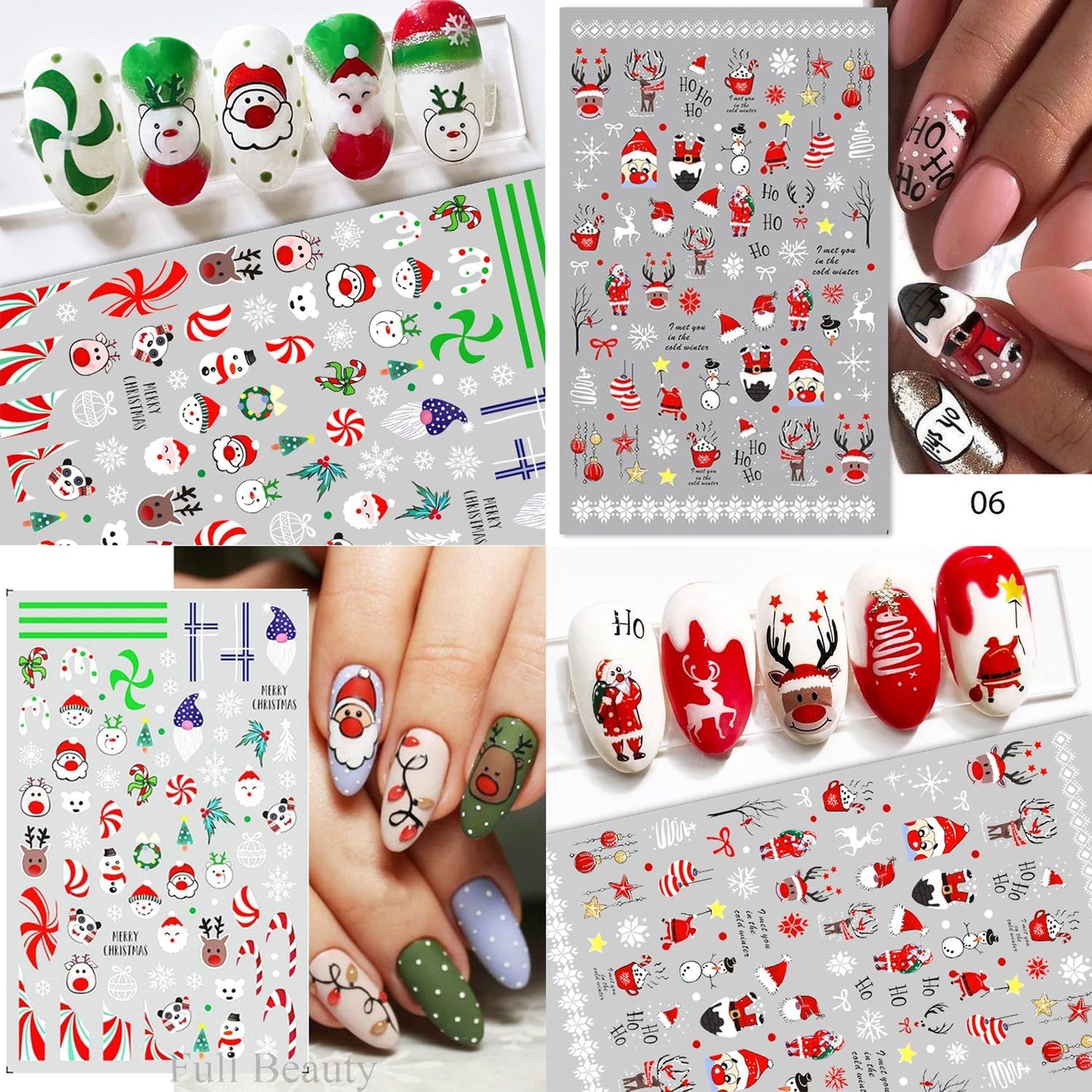 HNUIX Nail Stickers - Christmas 3D, Self Adhesive Nail Decals, Multi Colour Pattern, 10 Sheets, for Nail Art