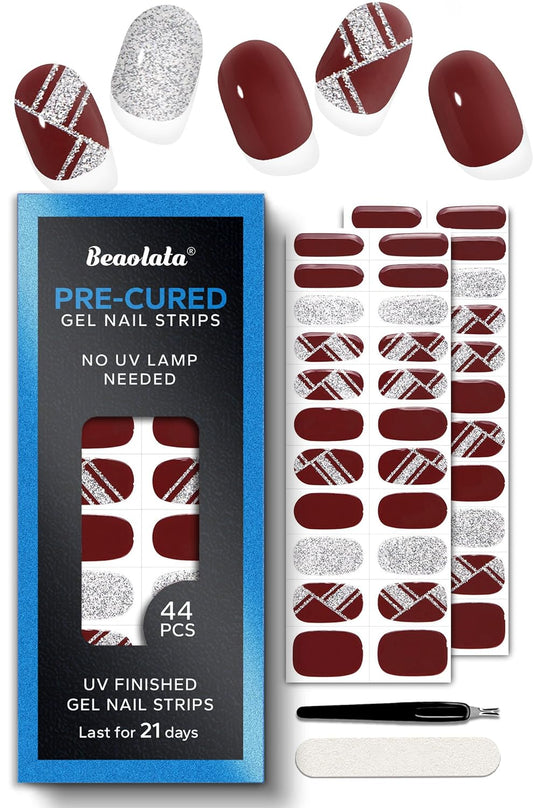 Pre Cured Gel Nail Strips - 44PCS Salon Quality Gel Nail Stickers - Long Lasting Polish Wraps for Women no UV Light Needed Easy Apply& Remove (Cocoa Brown）
