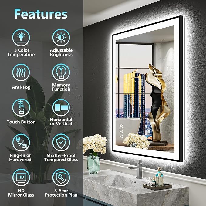 24x36 Black Framed LED Bathroom Mirror - Image 2