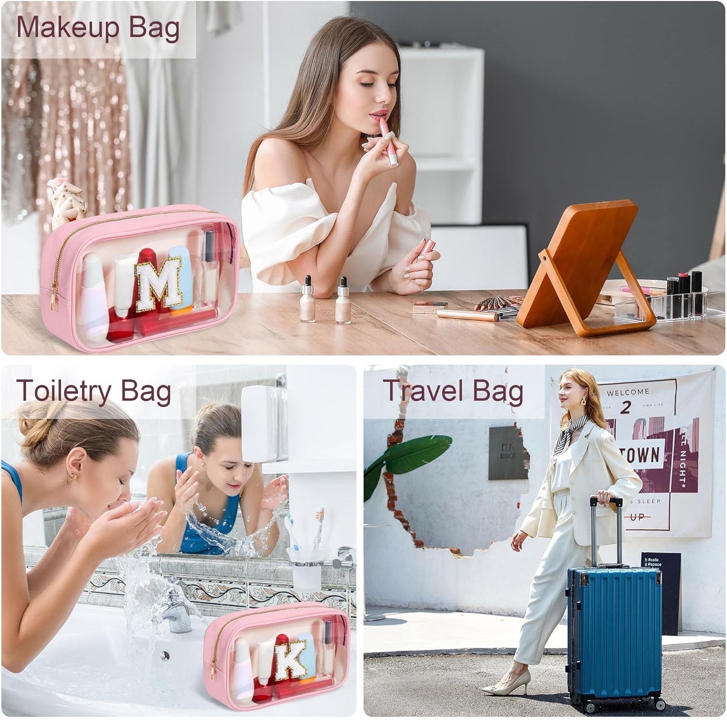 YOOLIFE Travel Clear Makeup Bag Toiletry Bag, Make up Bag Waterproof Toiletry Bags for Women Cosmetic Bag Preppy Stuff Birthday Gifts for Women Personalized Pink Mother Girlfriend Wife Gifts Letter G