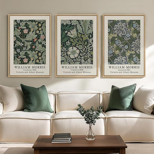 Large Framed William Morris Green Wall Art, 3 Piece Vintage Floral Canvas Prints by Cuspin