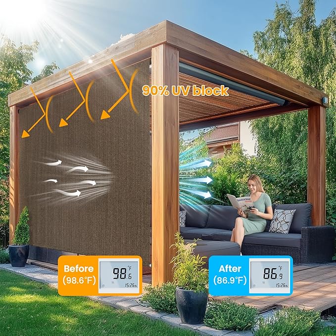 7'W x 6'H Mocha Patio Shades Roll up Outdoor Roller Shade Crank Wand Blind - Image 2