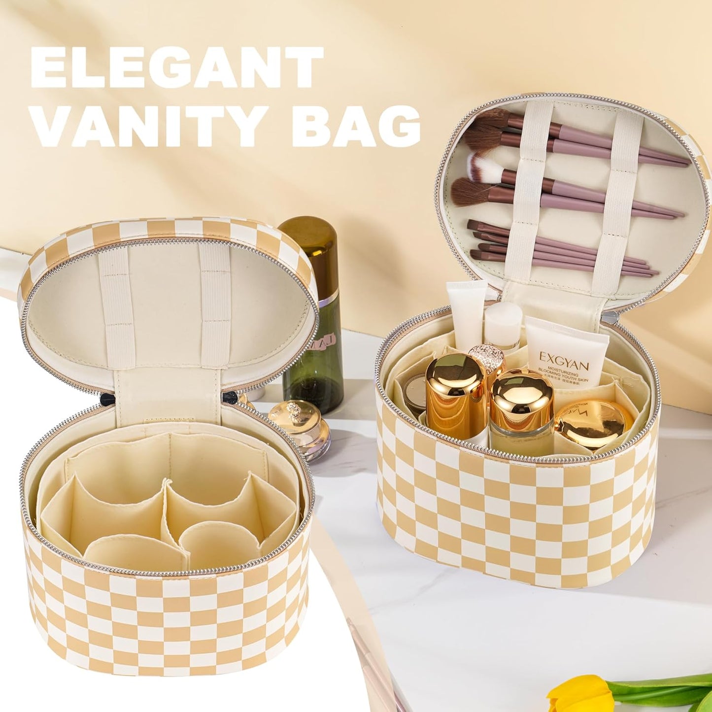 Makeup Bag Vanity Case Cosmetic Bag with Removable Divider Travel Toiletry Bag for Women Portable Make up Box Organizer, Beige and White