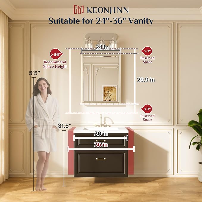 Keonjinn 24" x 30" Black Bathroom Vanity Mirror, HD Tempered Glass, Shatterproof - Image 2