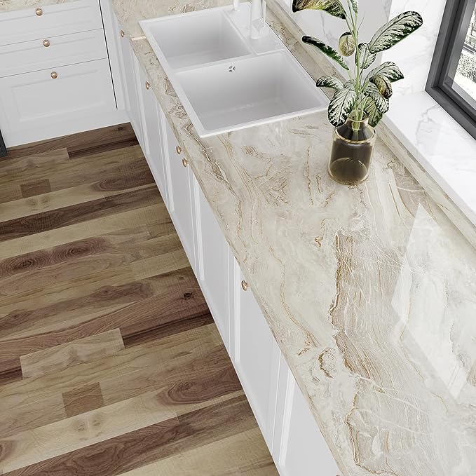 VEELIKE Glossy Beige Gold Liquid Marble Contact Paper - Image 3