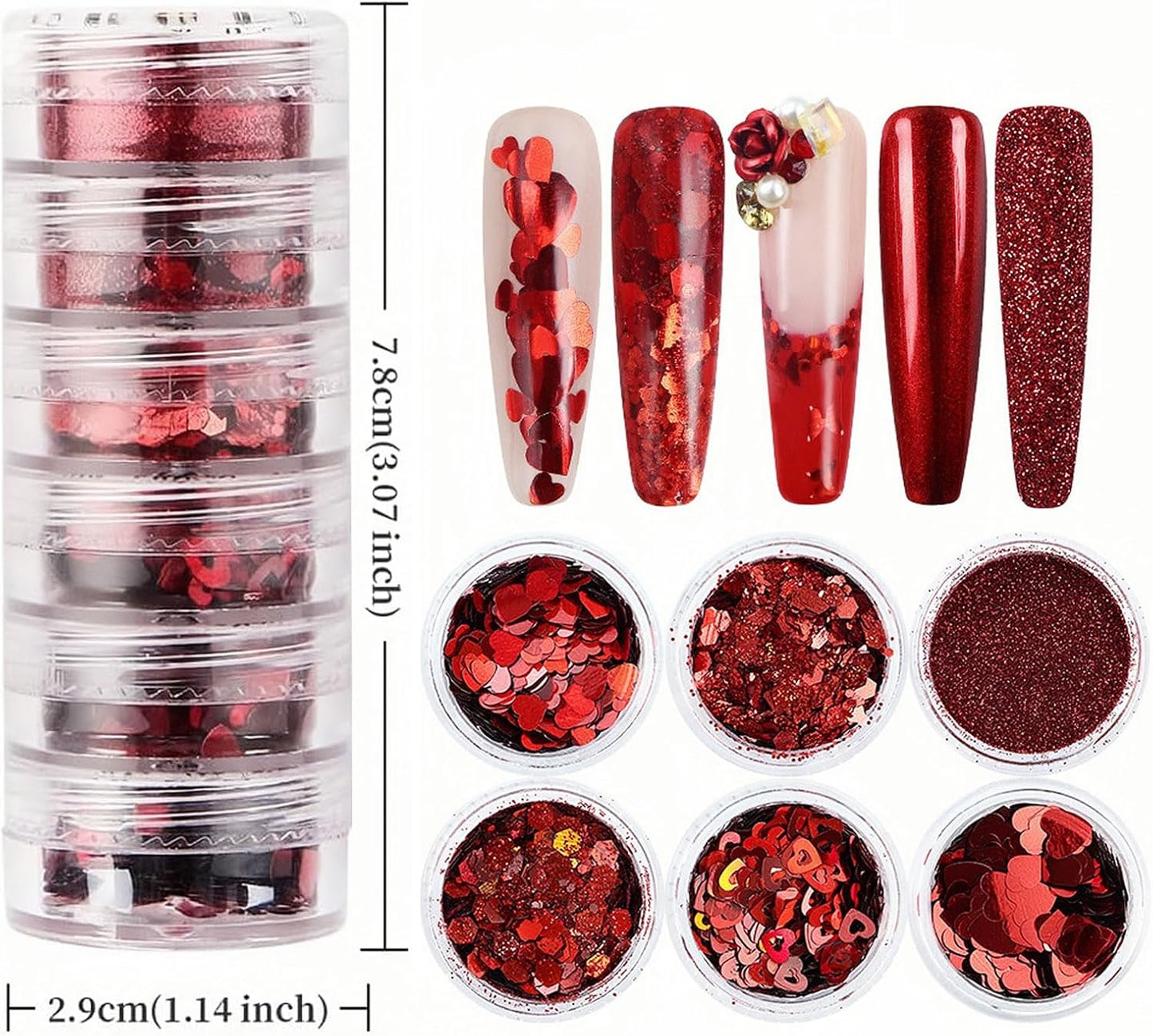 Heart Nail Art Glitter Red Valentines Day Nail Sequins Flakes, Red Manicure fine Glitter Powder, 3D Holographic Round Hexagon Nail Stickers Decals Supplies Nail Charms for Women 6 Box