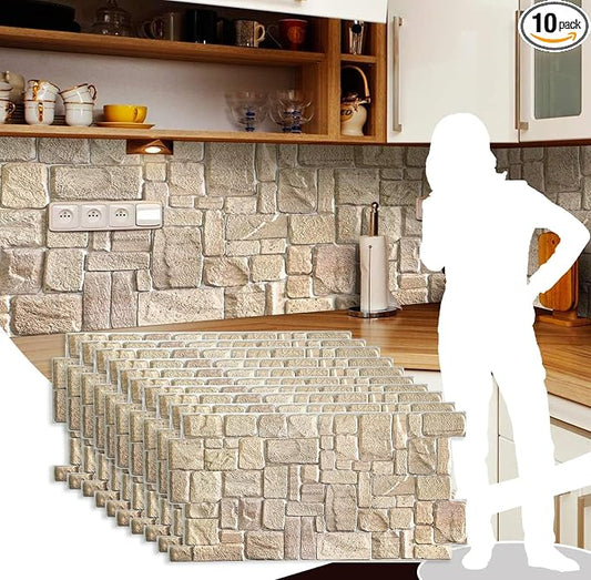 Dundee Deco PG7005-10 Beige Faux Limestone PVC 3D Wall Panel, 3.3 ft X 1.7 ft by DundeeDeco