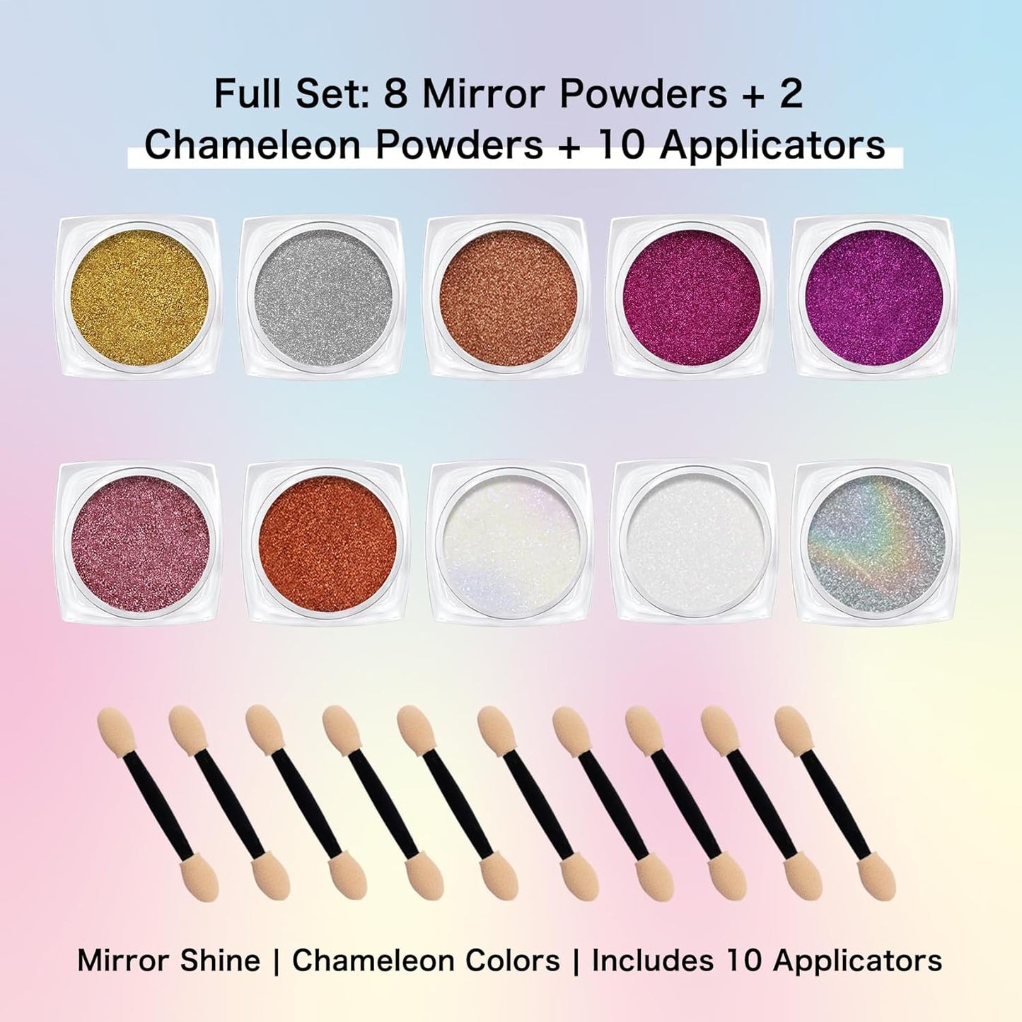 Chrome Nail Powder Kit: 10 Jars 8 Colors Metallic Mirror Effect 2 Colors Holographic Aurora Chameleon Nail Art - 1g/Jar Silver Pink Gold Purple Chrome Powder for Nails