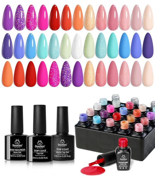 Beetles Gel Nail Polish Set, 20 Colors Blue Nude Pink Purple Orange Glitter Gel Polish Glamour Games Collection with Base Top Coat Nail Art Soak off Nail Manicure Gift for Girls Women
