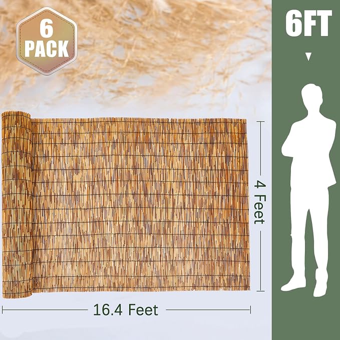 Barydat 6 Pcs 4 x 16.4 ft Reed Fence Roll, 85% Shade Bamboo Privacy Screen - Image 2