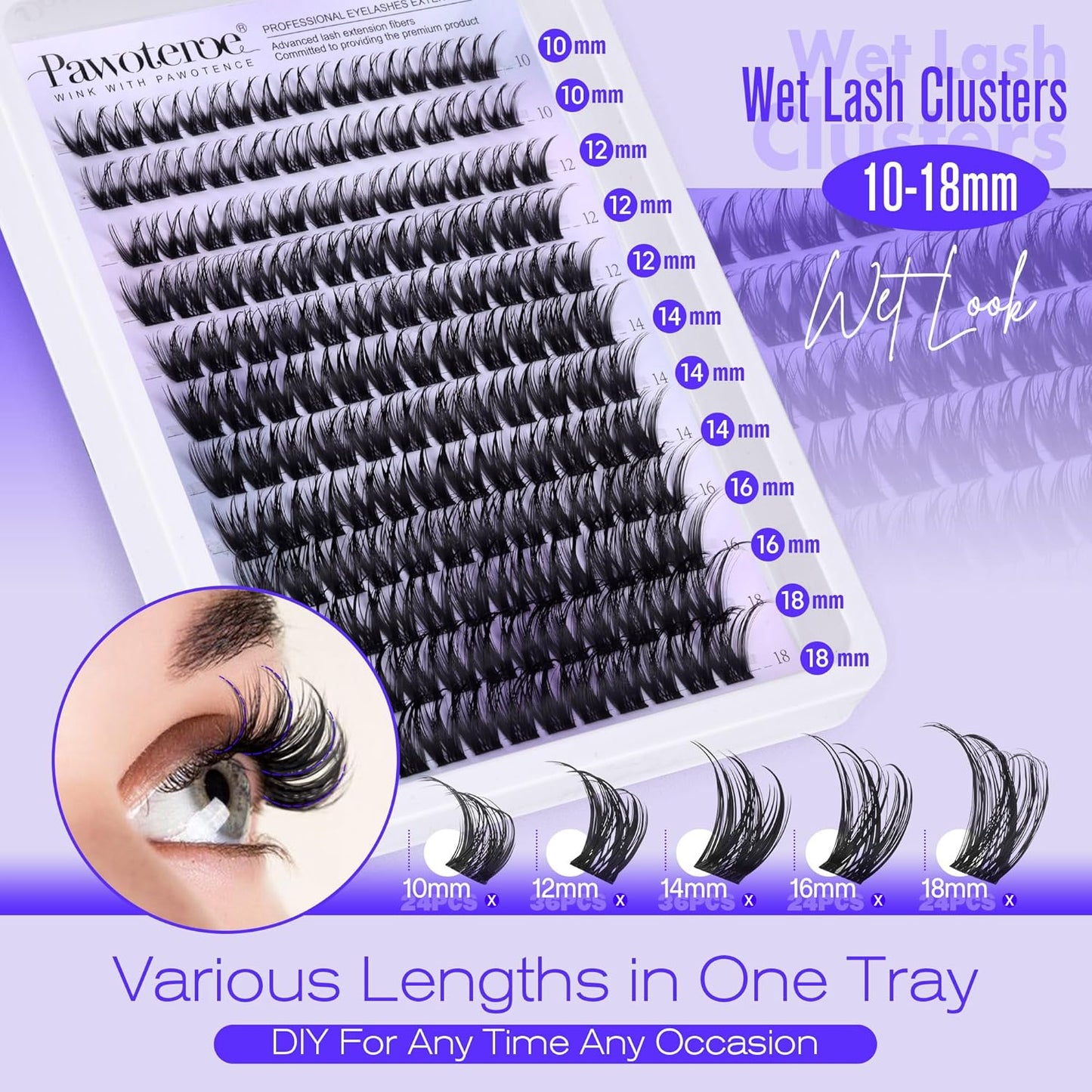 Pawotence Lashes Clusters Wispy Cluster Eyelash Extensions 144pcs Individual Lashes Wet Look 10-18mm Lash Extension DIY False Eyelashes Soft Comfortable Eyelash Clusters