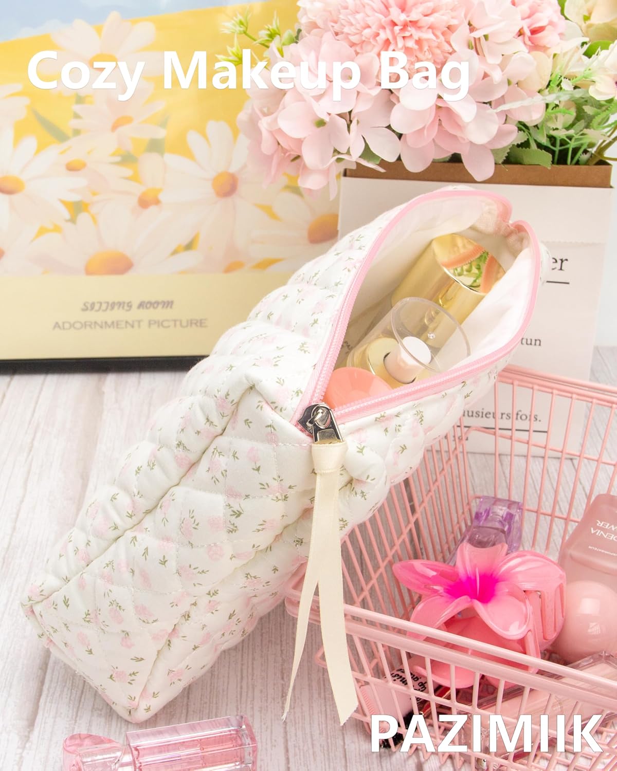 3PCS Makeup Bag SET Large Travel Quilted Zipper Soft Cosmetic Case Pouch for Women Girls Make Up,Little Flower Pink