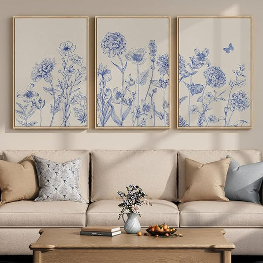 Framed Neutral Chinoiserie Blue Botanical Wall Art, 3 Piece Minimalist Floral by Cuspin