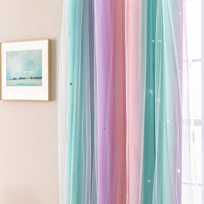 XiDi Curtains for Bedroom Decor, Kids Room Curtains for Girls Rainbow Colour - Image 2