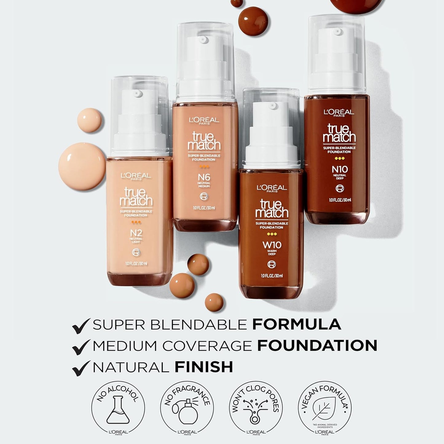 L'Oreal Paris True Match Super-Blendable Foundation, Medium Coverage Liquid Foundation Makeup, N5, Medium, 1 Fl Oz