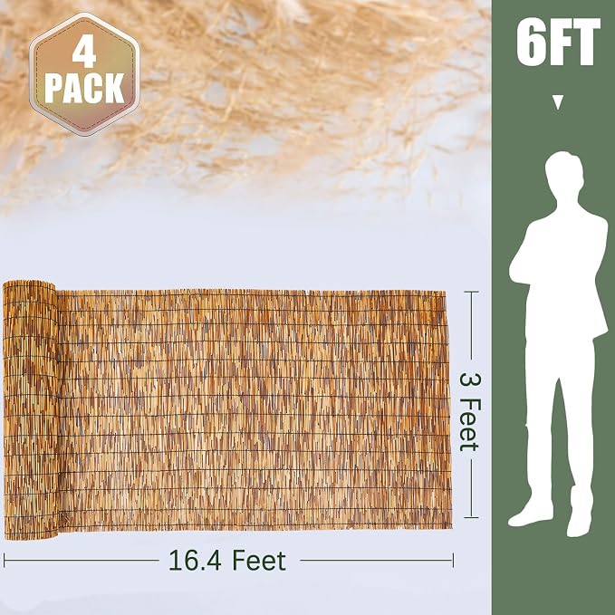 Barydat 4 Pcs 3 x 16.4 ft Reed Fence Roll, 85% Shade Bamboo Privacy Screen - Image 2