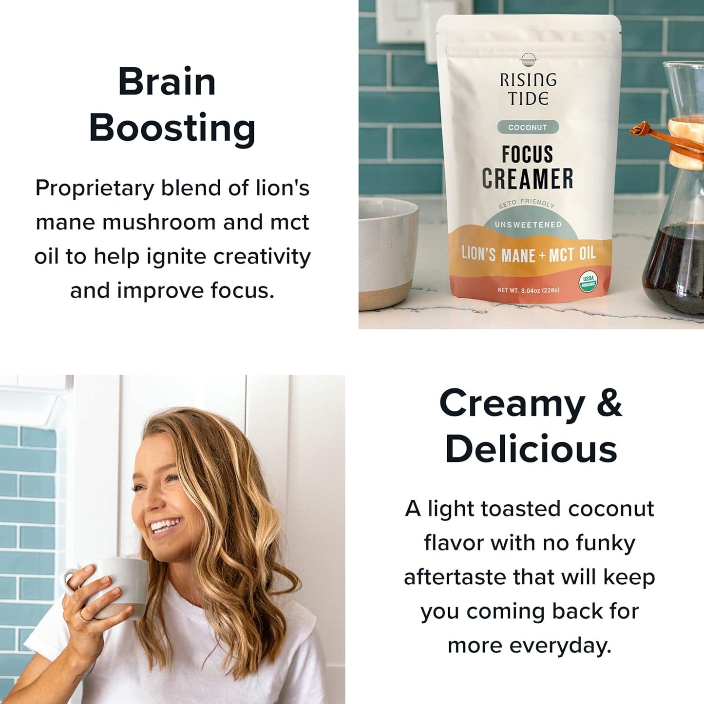 Rising Tide Organic Mushroom Superfood Creamer - Coconut Milk Powder, Lions Mane Mushrooms, & MCT Oil - Dairy Free, Unsweetened, Keto Friendly & Plant-Based - Only 4 Ingredients - Add to Coffee, Matcha or Smoothies