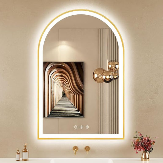 24"x36" Arched LED Mirror for Bathroom, Brushed Gold Lighted Bathroom Mirror by OUMUSUMIRROR