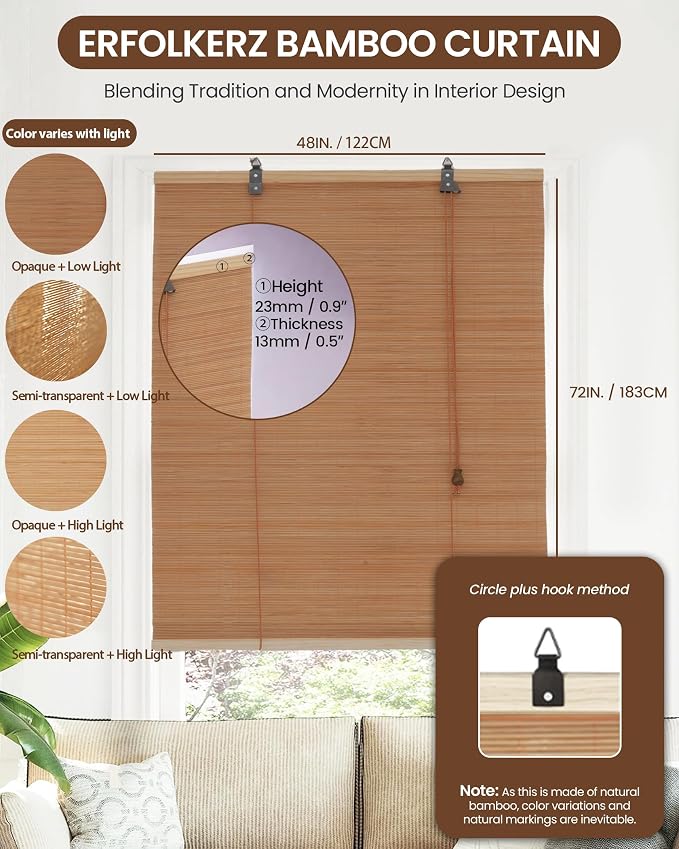 48" Wx72 H Bamboo Blinds Roller Shades - Image 2
