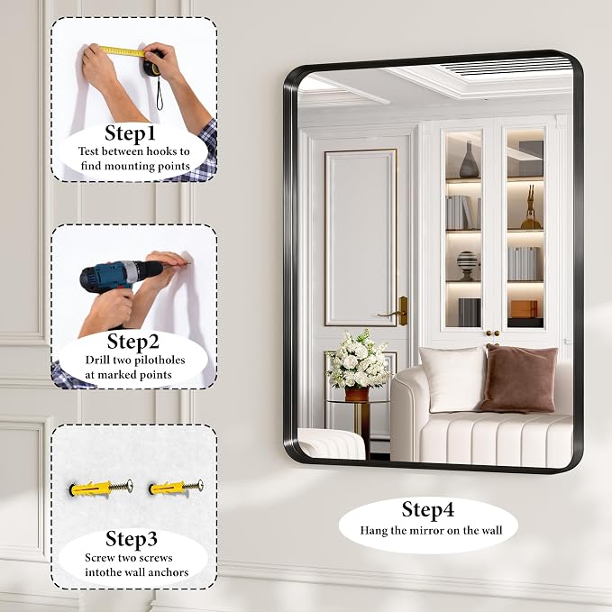 55X36 Inch Black Metal Framed Bathroom Mirror - Image 8