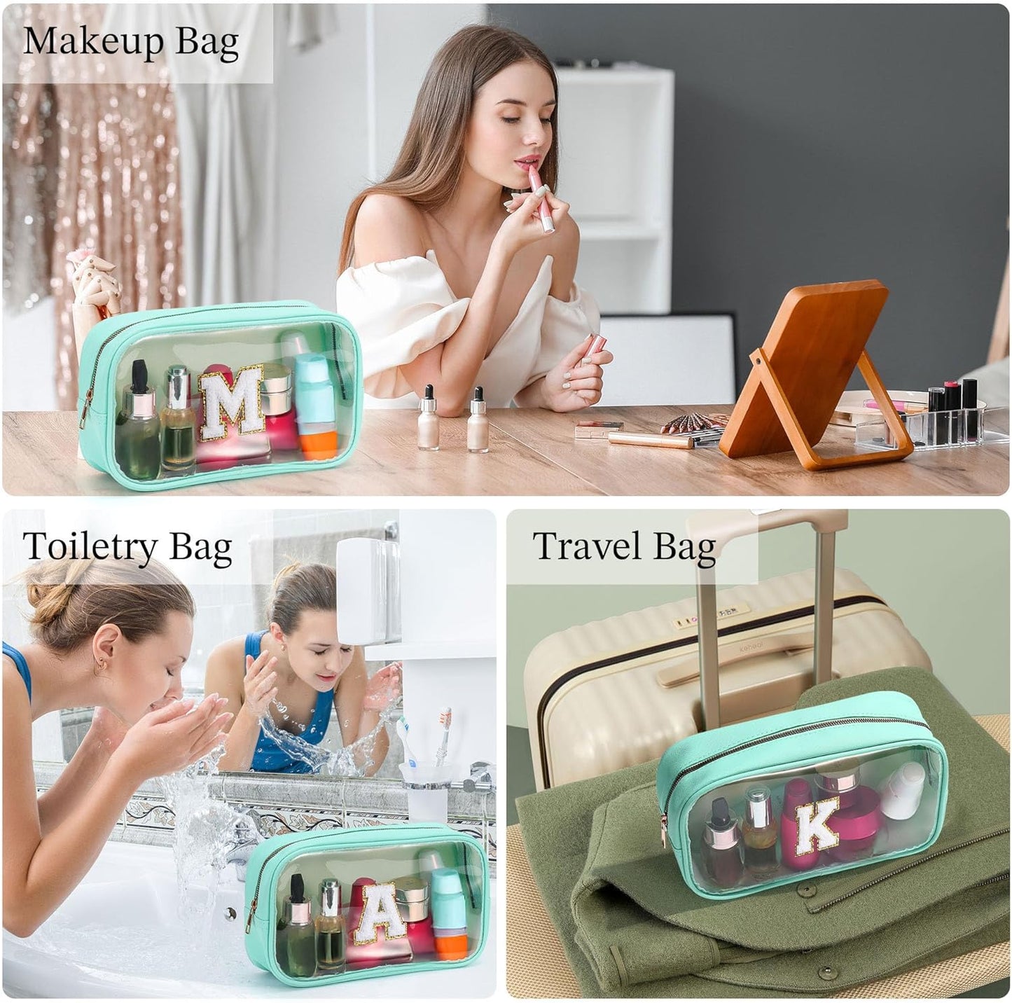 YOOLIFE Initial Make Up Bag Travel Toiletry Bag, Clear Makeup Bags Preppy Cosmetic Bags Organizer Travel Essentials Gifts for Women Teen Girlfriend Teacher Mom Birthday Girl Gift Makeup Case Blue M