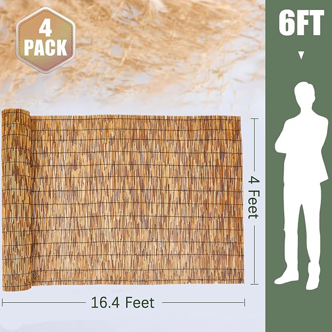 Barydat 4 Pcs 4 x 16.4 ft Reed Fence Roll, 85% Shade Bamboo Privacy Screen - Image 2