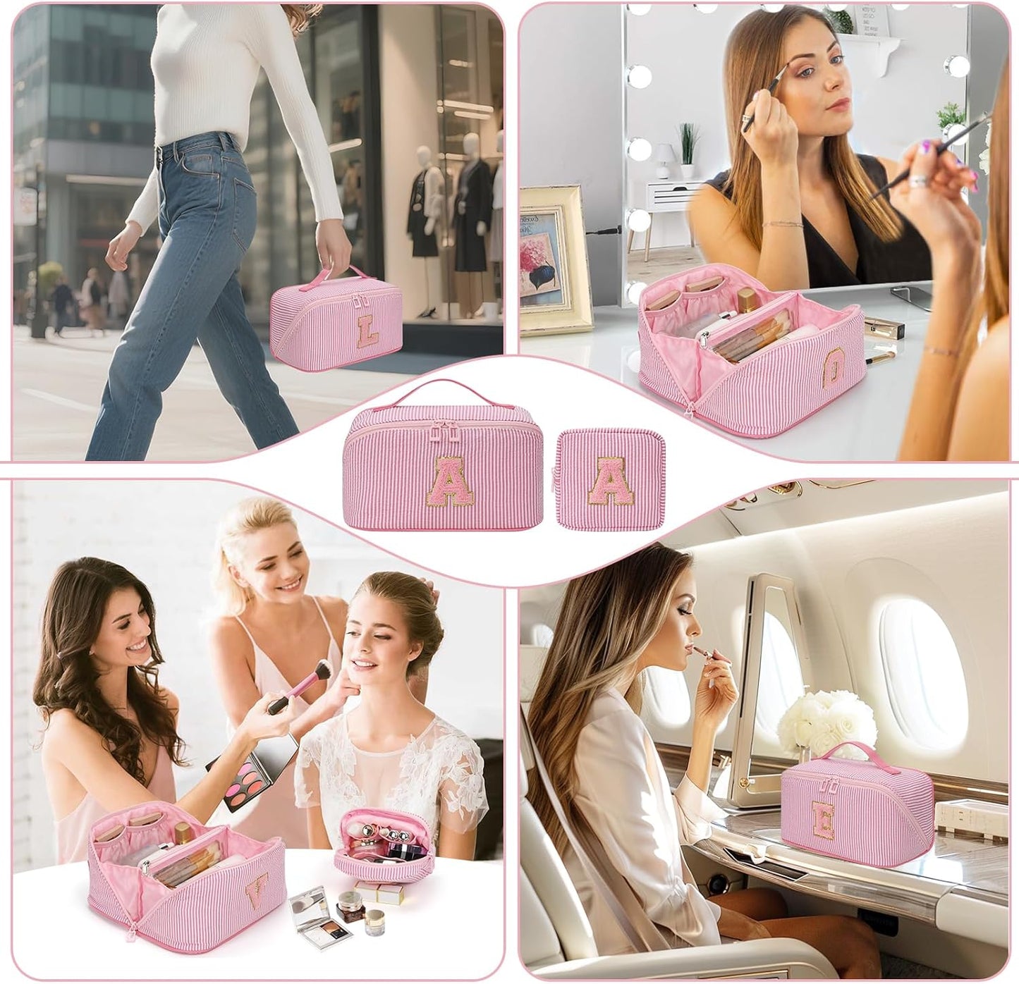 Travel Makeup Bag for Women, 2Pcs Portable Personalized Initial Makeup Organizer Bag, Open Flat Large Cosmetic Bag With Travel Essential Pouch (Pink Letter G)