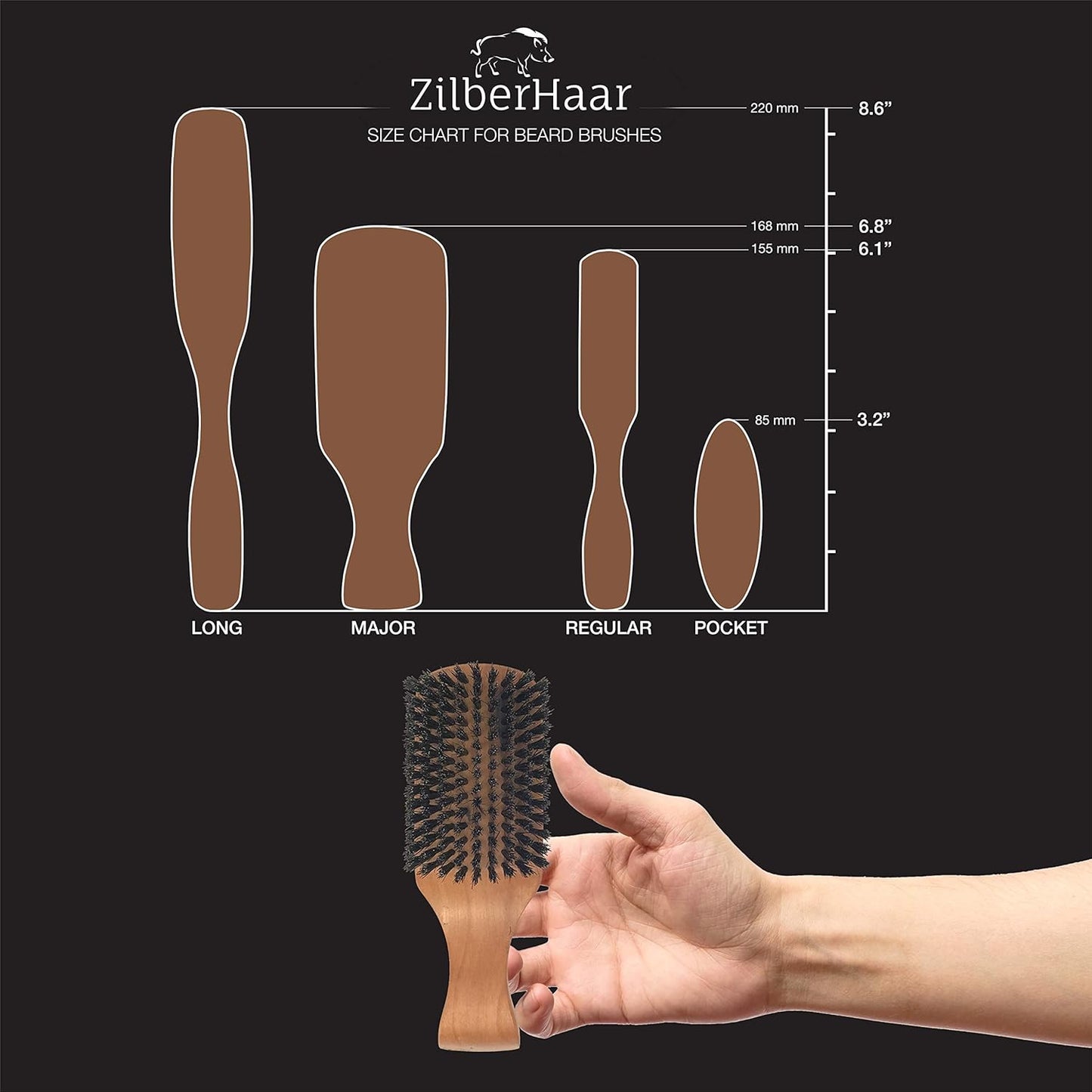 ZilberHaar Major – Men's Hair and Beard Brush – Soft Boar Bristles – Massages and Exfoliates Skin and Scalp – Ideal Men's Grooming Accessory – Made in Europe