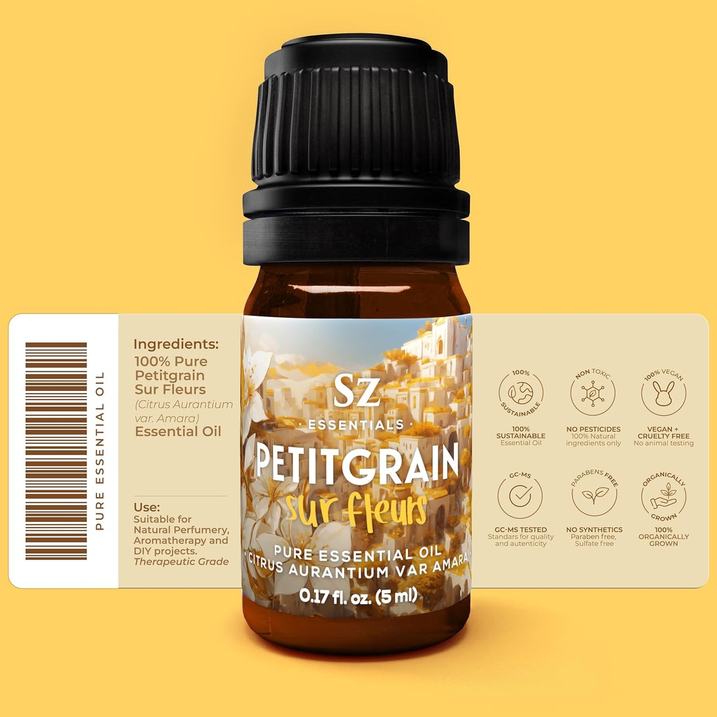 Petitgrain Sur Fleurs Essential Oil - 100% Pure and Undiluted - Extracted from Neroli-Bitter Orange Tree - Citrusy & Woody Scent with Fresh Neroli Floral Overtones - Therapeutic Grade