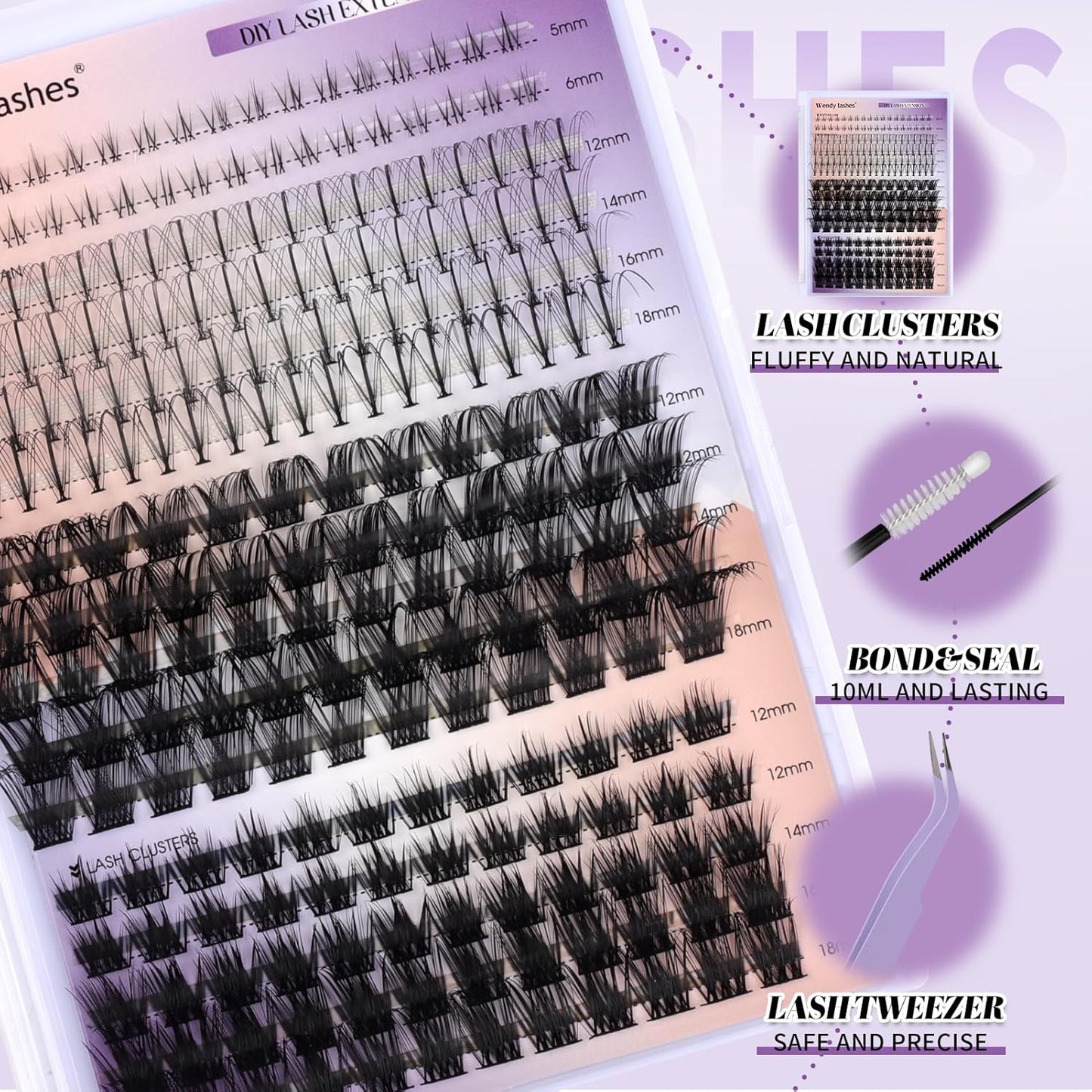 DIY Lash Extension Kit Lash Clusters With Bottom Lashes Volume/Wispy Clusters12-18mm Multi-types Individual Lashes Bond and Seal, Spike, Volume Kit Lash Applicator(Wispy Kit)