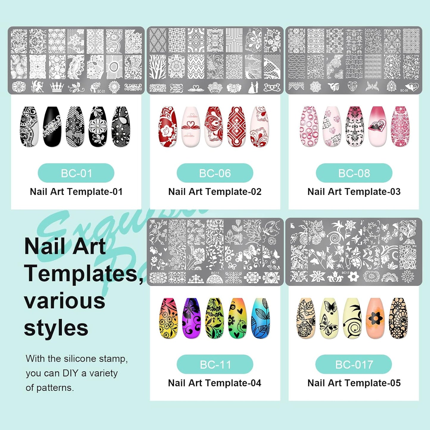 X&D Nail Art Stamper Clear Jelly Nail Art Stamping Transparent Silicone Rubber Nail Polish Stamper with Acrylic Scraper, Spare heads, Stainless Steel Plate Kit for French Tips and Transfer Images B