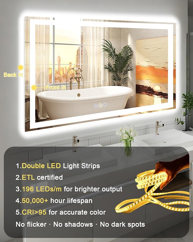 40x30 LED Bathroom Mirror with Lights, Super Bright Front & Backlit Vanity - Image 8