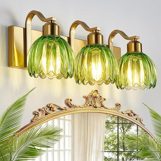 3-Light Vanity Lights with Green Tulip Glass Shade, Vintage Vanity Wall Sconce by AIXIALIN