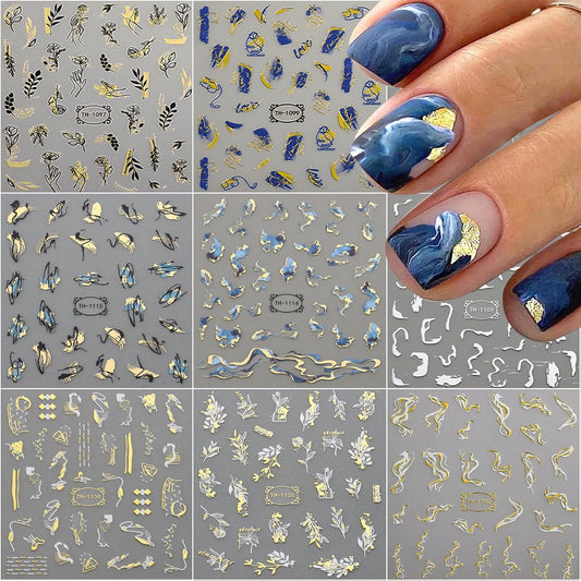 9 Sheets Marble Nail Stickers Flower Nail Art Stickers 3D Self-Adhesive Silver Gold Nail Decals Abstract Leaf Line Nail Designs for Women Nail Art Supplies Decoration, Style-a