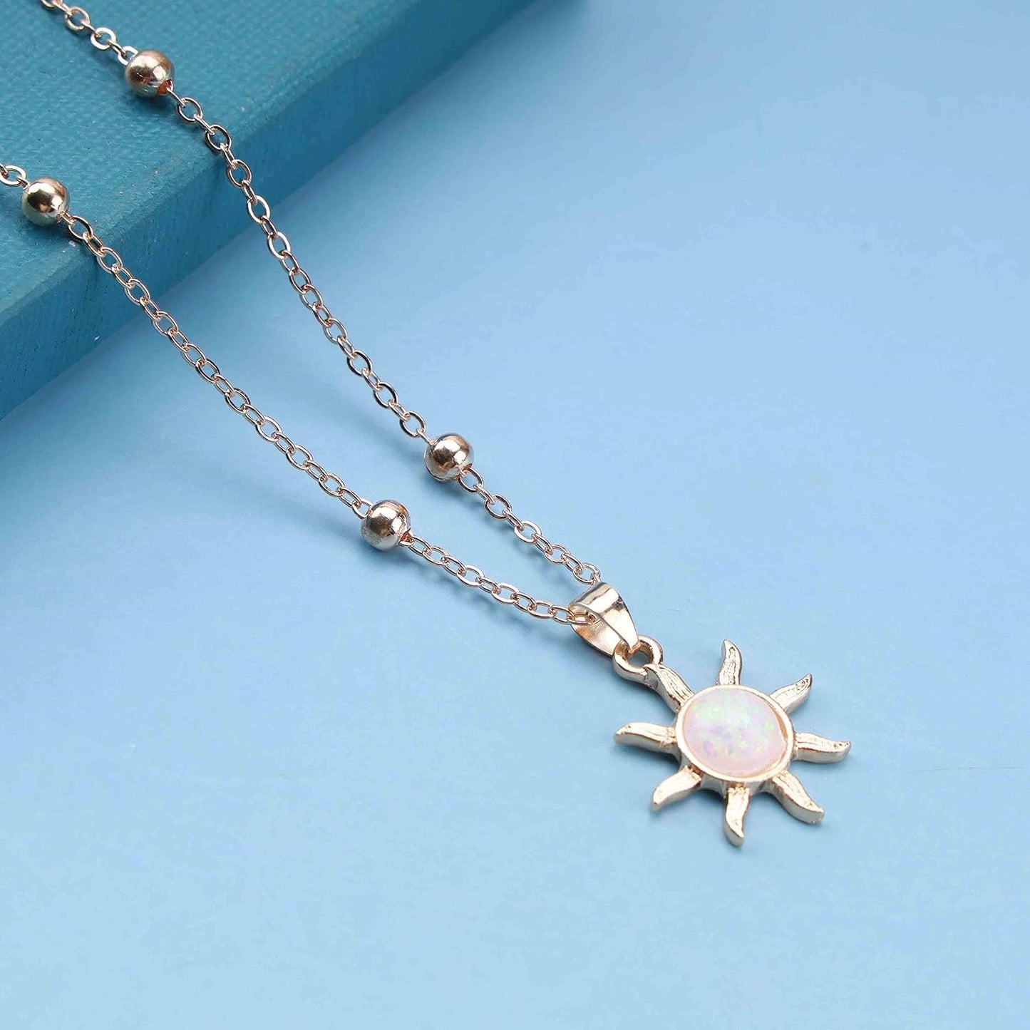 Vintage Opal Crystal Sun Pendent Necklace Opal Sunburst Necklace Moonstone Sun Choker Necklace Gold Ball Chain Necklace Jewelry for Women (Gold)
