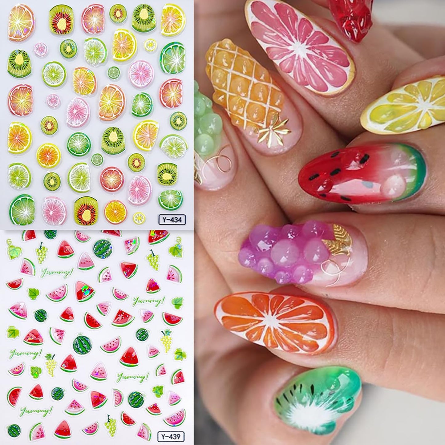 6Sheets Summer Fruit Nail Art Stickers 3D Self -Adhesive Cherry Strawberry Lemon Nail Decals Holographic Cute Peach Watermelon Nail Stickers Fruit Nail Decals Decoration for Women Manicure Supplies