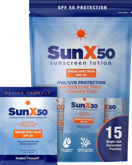CoreTex Sun X 50 SPF Broad Spectrum Sunscreen Packets with Resealable Travel Bag - Pack of 15 Paraben, Oxybenzone, Octinoxate, & Oil Free Sunscreen - Water & Sweat Resistant Up to 80 Minutes