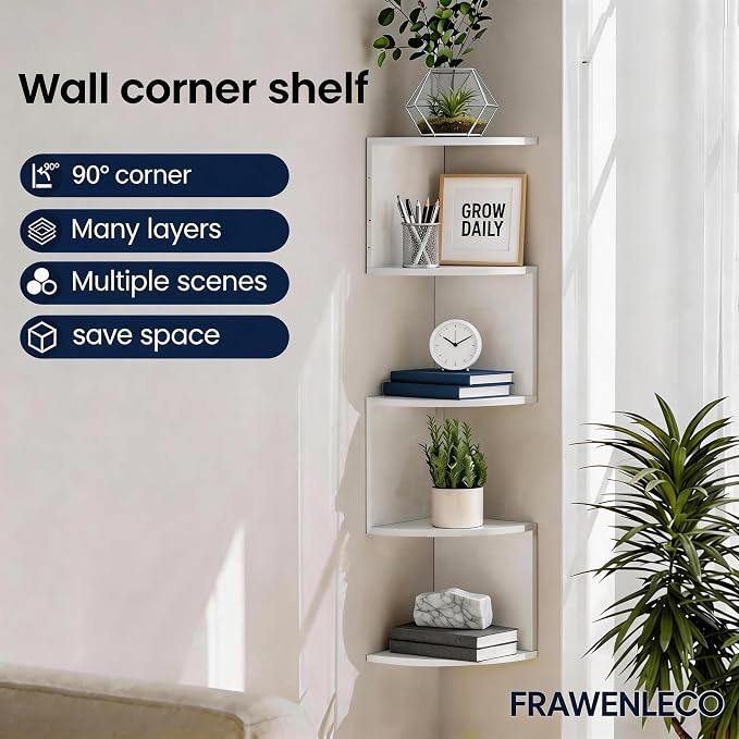 5-Tier Corner Shelf Wall Mount, Screw-Mounted Floating Bookshelf - Image 7