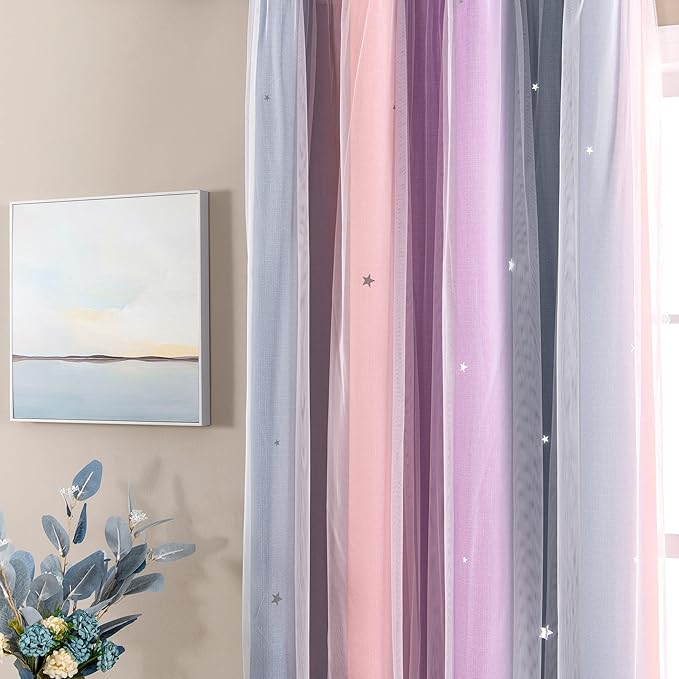 XiDi Curtains for Bedroom Decor, Rainbow GreyPinkPu-52-90 - Image 3