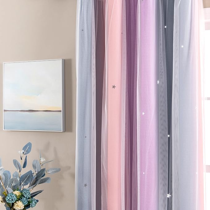 XiDi Curtains for Bedroom Decor, Rainbow GreyPinkPu-34-45 - Image 2