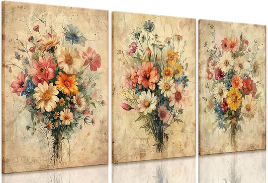 KISSFOX Framed Colorful Wildflower Canvas Wall Art Set Of 3 Flowers Pictures by KISSFOX