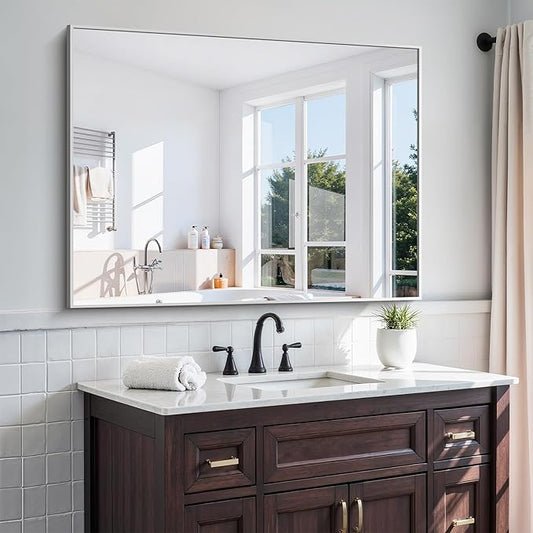 KOCUUY Silver Bathroom Mirror, HD Tempered Glass, Anti-Rust Brushed Silver Frame by KOCUUY