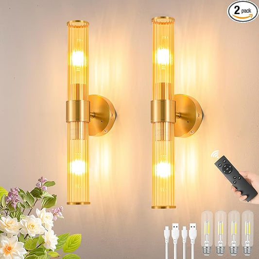 Morauroral Gold Battery Operated Wall Sconces Set of 2, Rechargeable Wall Lights by Morauroral