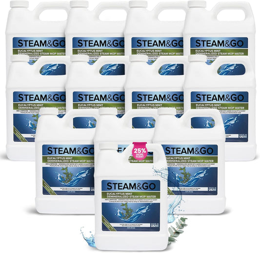 Steam and Go Demineralized Water - Multi-Surface Cleaning Solution for Steam Mop, Ready-to-Use Floor Cleaner, Ideal for Home & Office, Compatible w/Any Steam Mop - Eucalyptus Mint, 32oz, Pack of 12