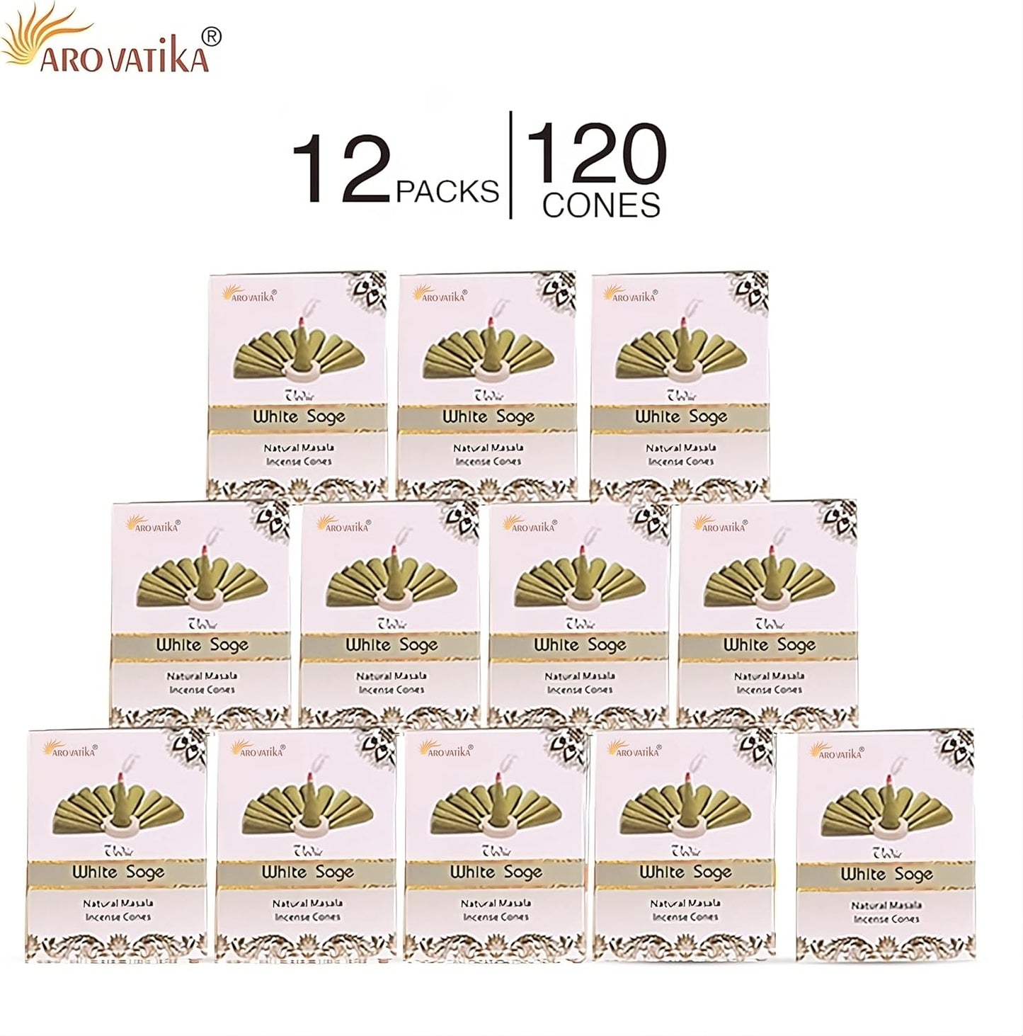 ARO VATIKA Vedic White Sage Natural Masala 120 Incense Cones in Pack of 12 Boxes| Best for Prayer, Reiki, Meditation and Relaxation | Burn Time- 25 mins