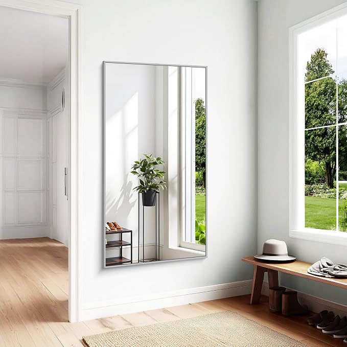 KOCUUY Silver Bathroom Mirror, HD Tempered Glass, Anti-Rust Brushed Silver Frame - Image 5